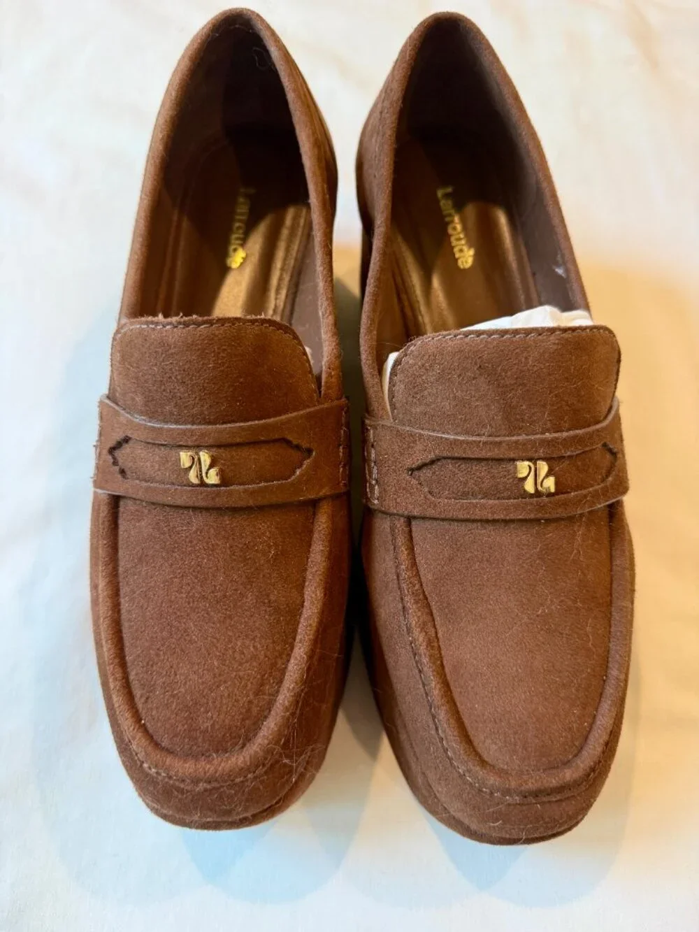 Larroudé Suki Platform/Flatform Loafer, Burnt Umber suede, size 8.5 (EU 38.5).